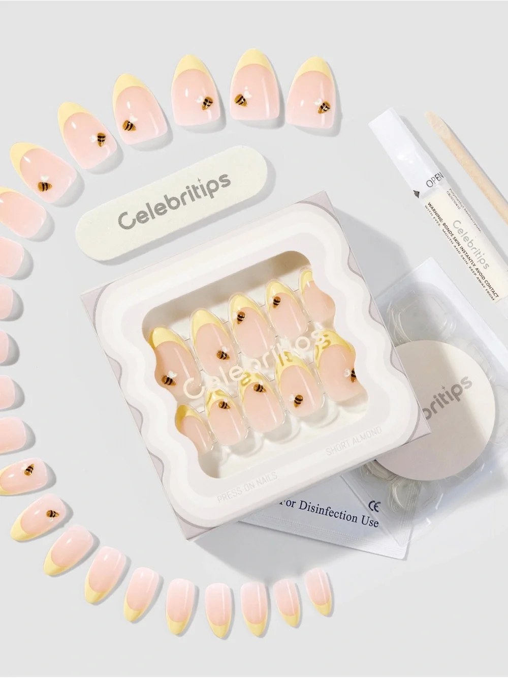 NIB Celebritips 3D Honey Bee Yellow French Almond Press On Nails 32pc